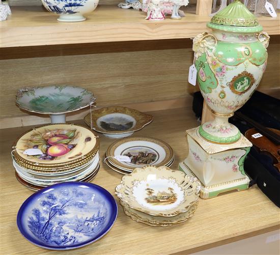 A classical style large urn-shaped pedestal vase and cover on plinth base, with rams head handles and sundry ceramics